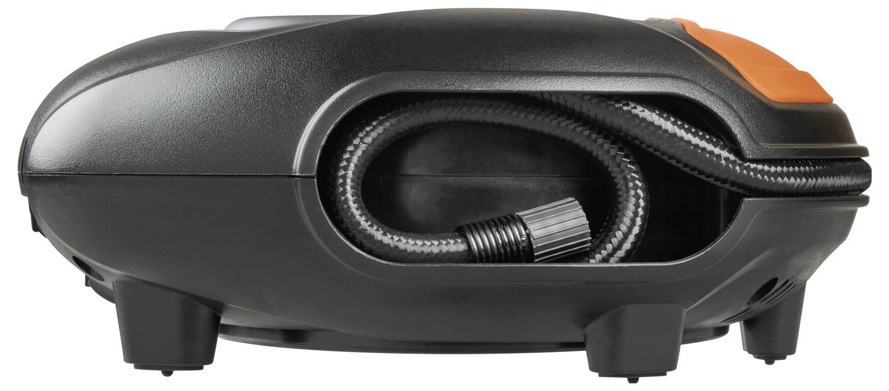 Een compacte, zwarte, draagbare luchtcompressor met een opgerolde slang. Ideaal voor gebruik onderweg.