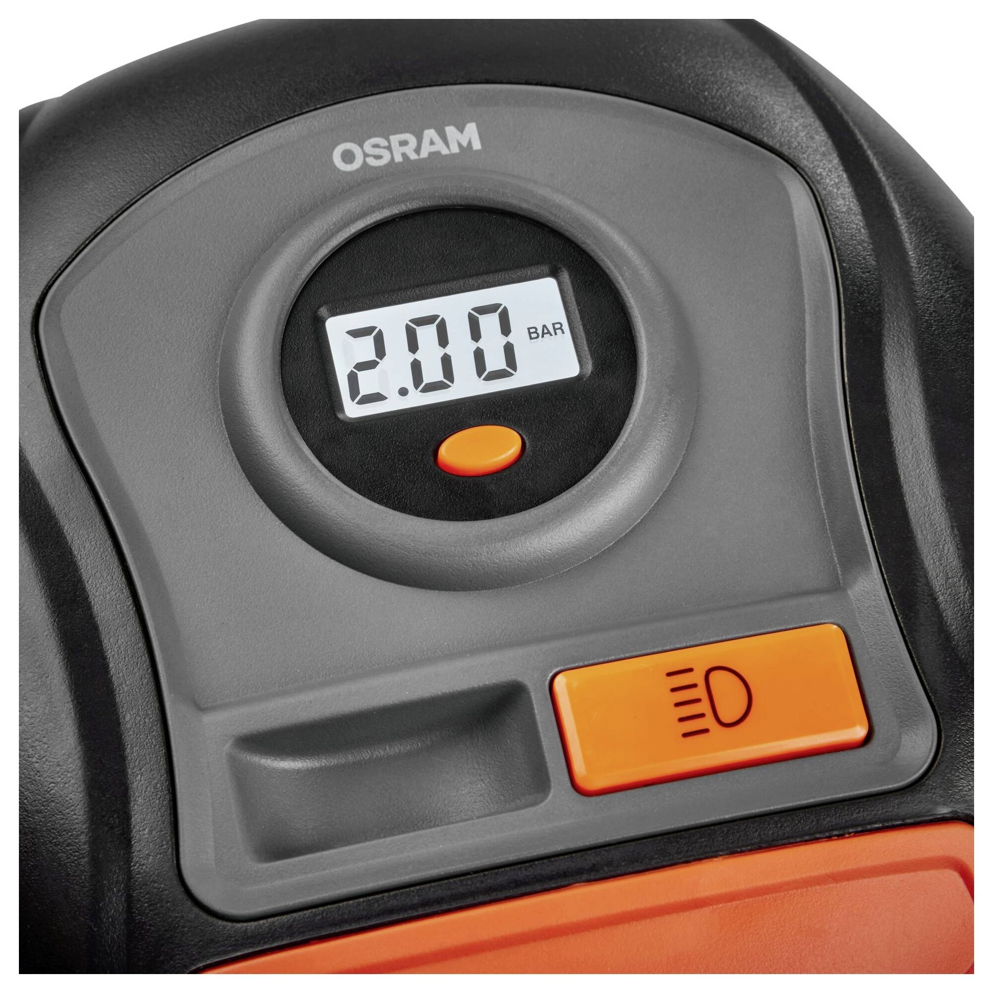 Digitaal display van een Osram-apparaat toont '2.00 BAR'. Een oranje knop eronder. Apparaat voor drukmetingen of -regulering.
