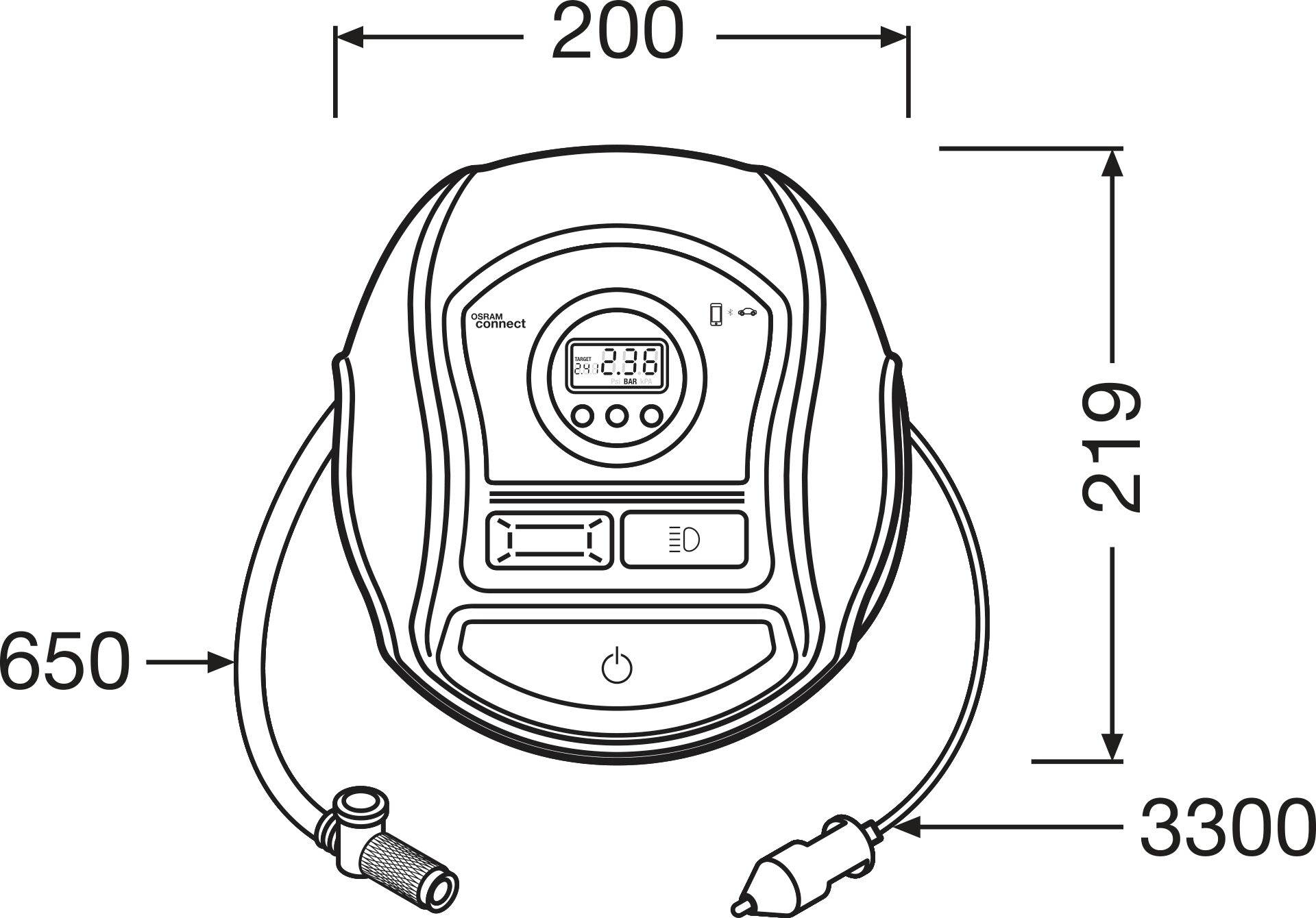 Afbeelding van een bandenspanningsmeter met elektrische pomp. Afmetingen: hoogte 219 mm, breedte 200 mm, kabellengte 3300 mm, slanglengte 650 mm.