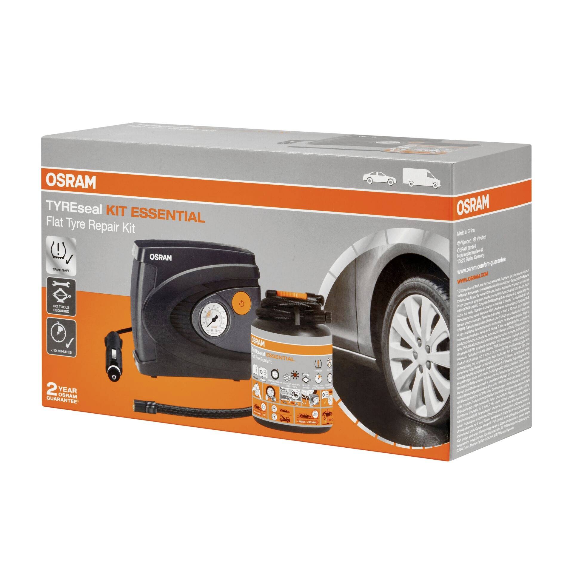 Bandenreparatieset van OSRAM met compressor en afdichtmiddel, ideaal voor het repareren van lekke banden. Verpakking toont gebruik op de band.