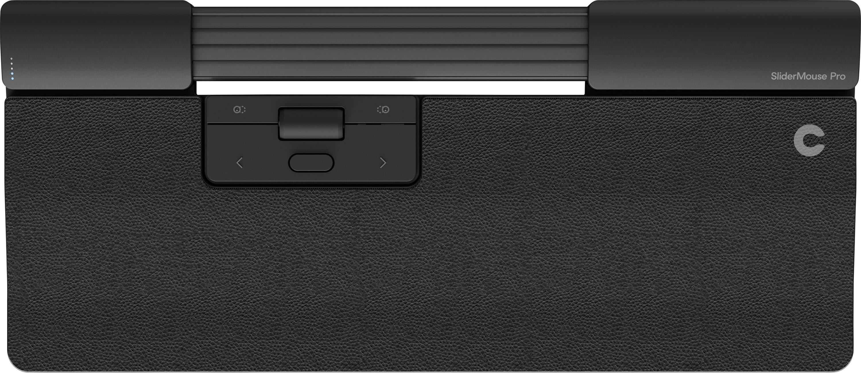 Een zwart, rechthoekig invoerapparaat met een touchoppervlak en twee knoppen. Het heeft een minimalistisch ontwerp.