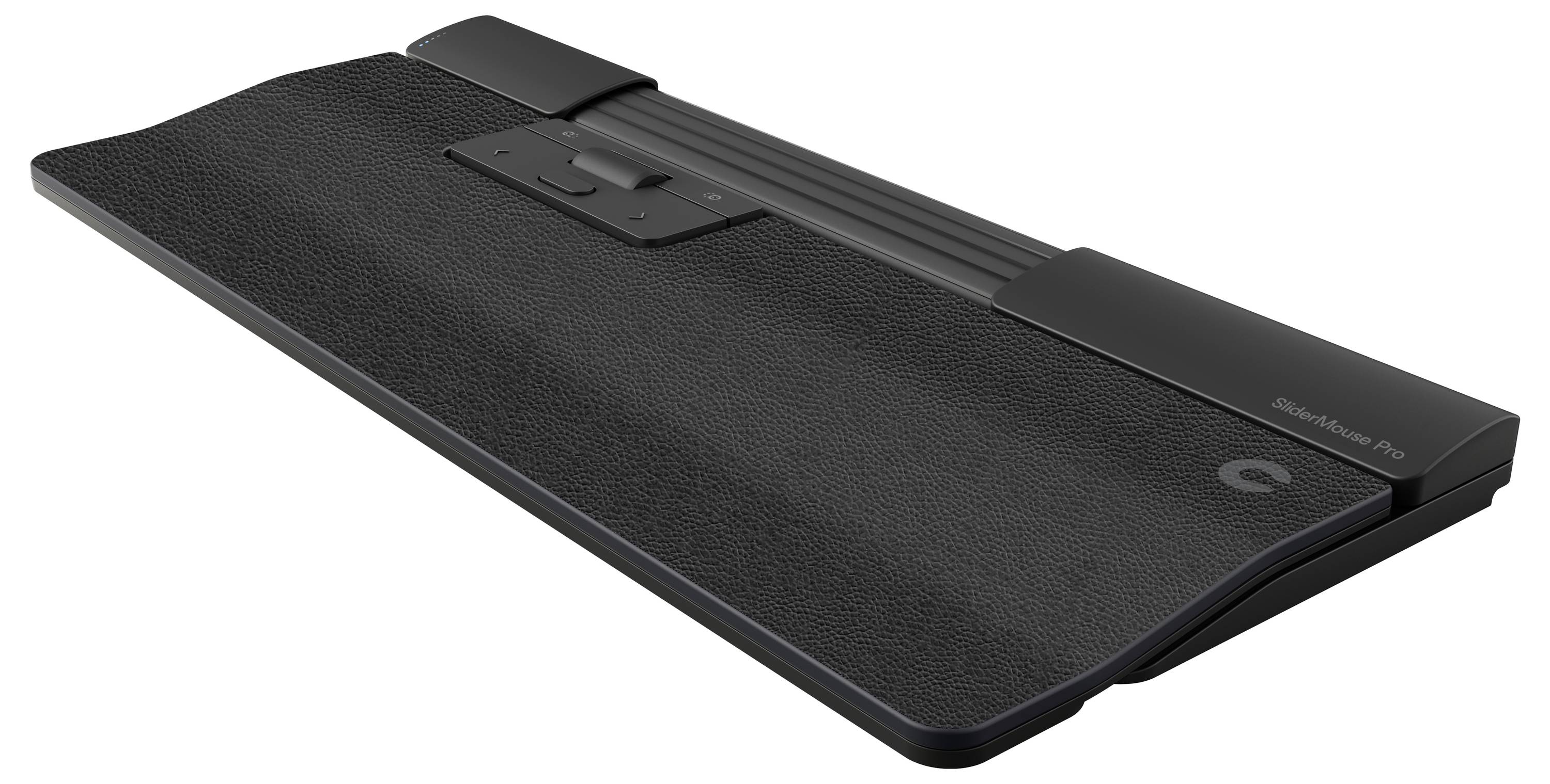 Ergonomische computermuismat in rechthoekige vorm met polssteun, donkergrijs, voor comfortabel bureauwerk.