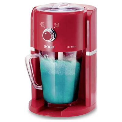 Rode ijsmachine-cocktailmixer, gevuld met een blauw drankje. Drukschakelaar aan de voorkant, transparente kan met handvat.
