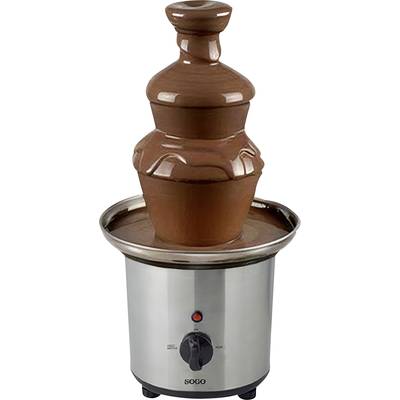 Chocoladefontein met stromende chocolade op roestvrijstalen basis, geschikt voor dessert- en feestpresentaties.