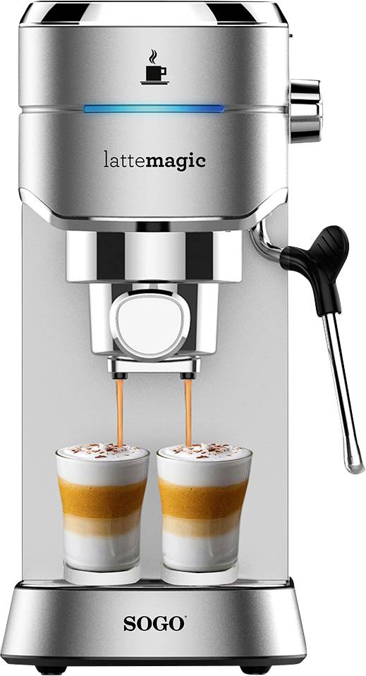 Koffiemachine met stoomstraal en twee glazen Latte Macchiato die tegelijkertijd worden gevuld.