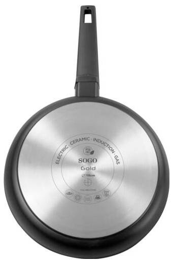 Pan met een gladde zilverkleurige bodem, geschikt voor elektrische, keramische en inductieplaten. SOGO-logo in het midden.