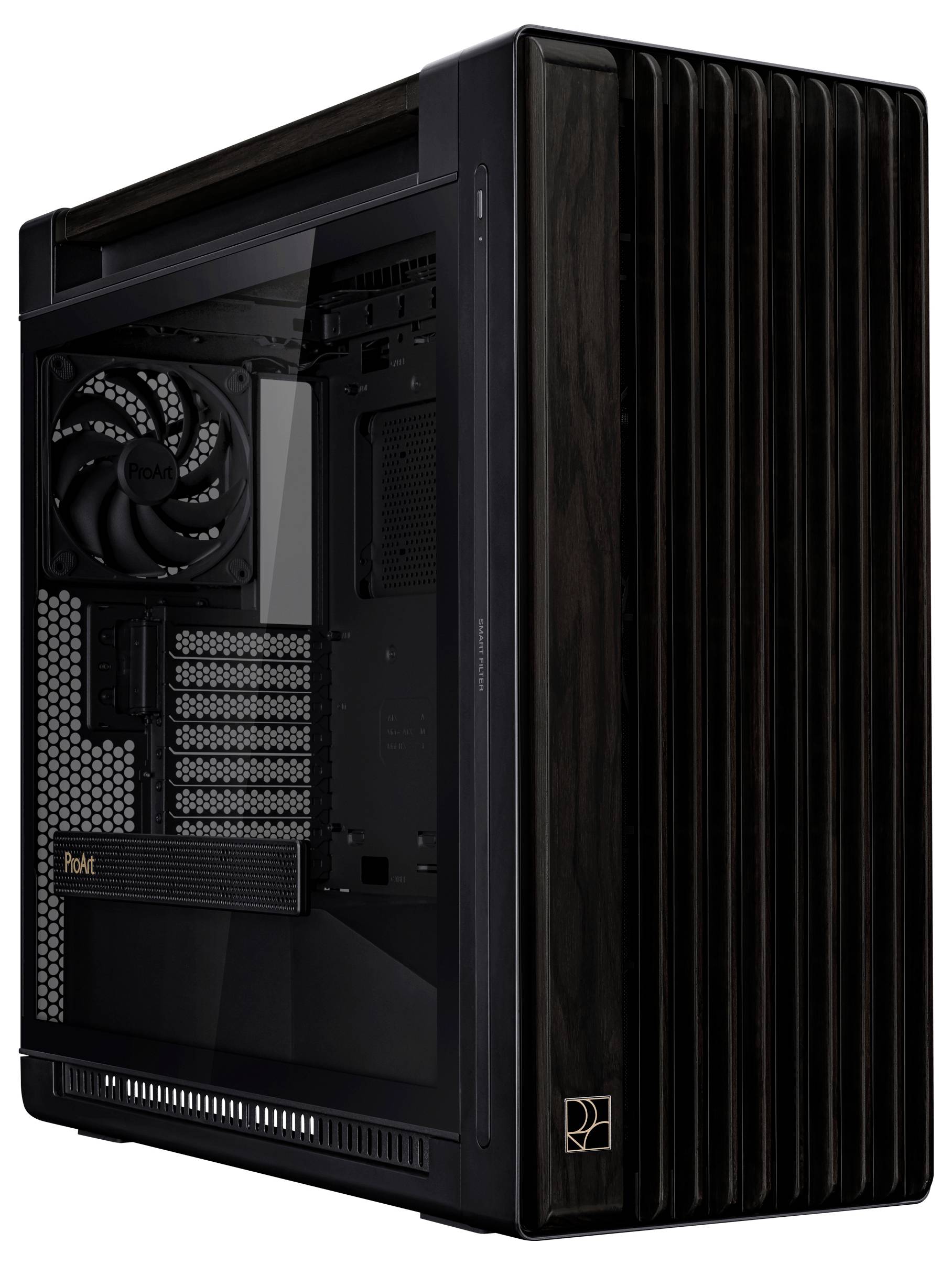 Een zwarte pc-behuizing met zijraam. Zichtbaar zijn ventilatoren en meerdere insteeksleuven. Het ontwerp oogt modern en elegant.