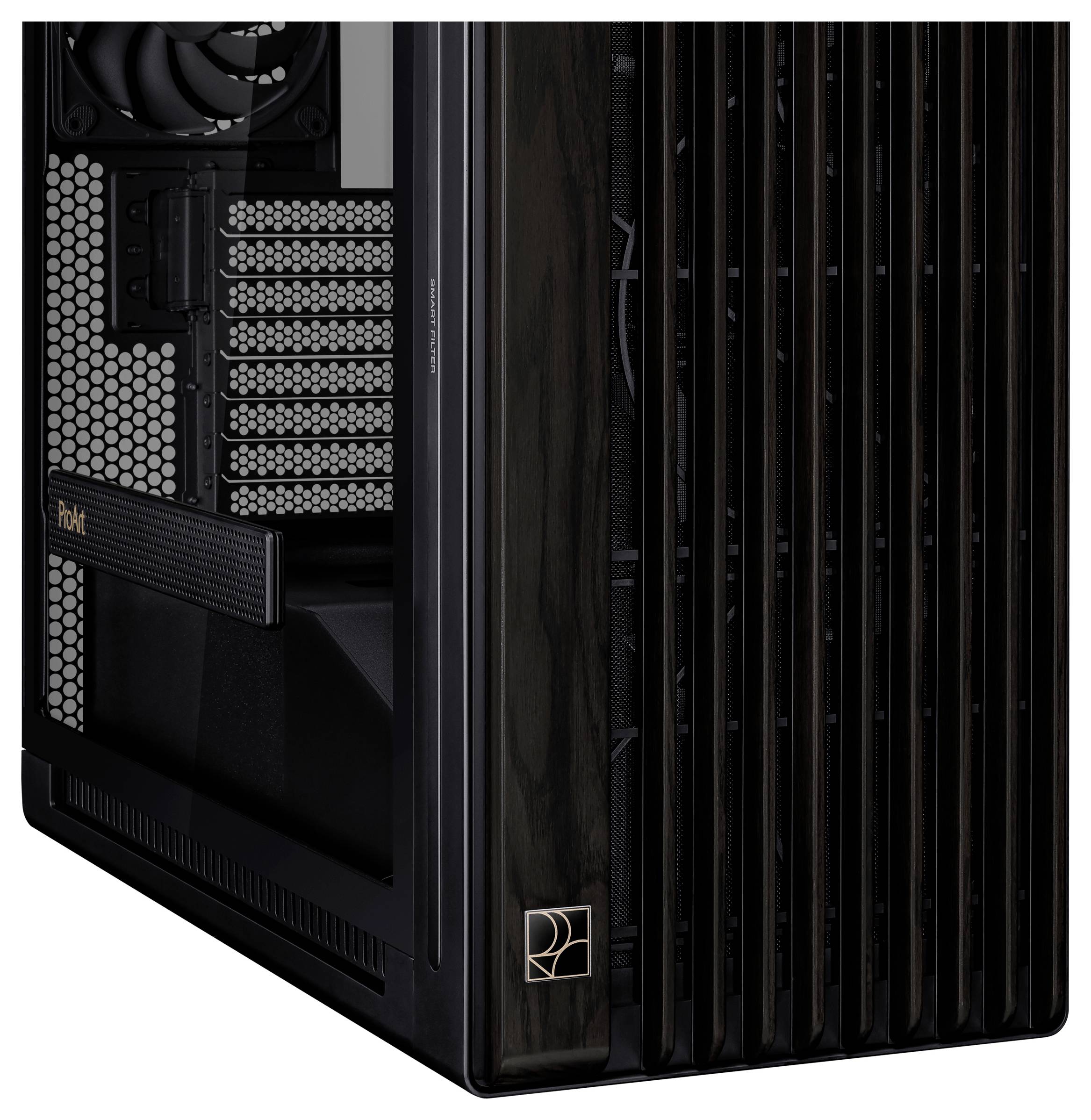 Een zwarte computerbehuizing met verticale ventilatiesleuven, zijraam en een elegante houtlook.