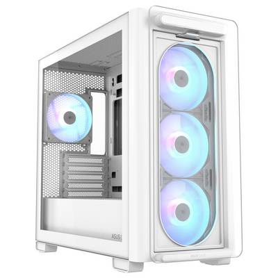 Een wit computerbehuizing met een transparant zijpaneel toont meerdere verlichte, ronde ventilatoren met blauw-groene LED-verlichting.