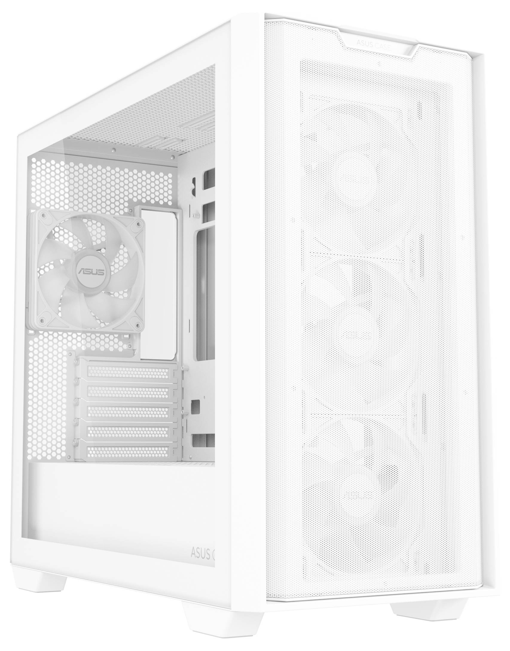 Wit computergehuis met transparant zijpaneel en meerdere ingebouwde ventilatoren. Ideaal voor het samenstellen van een gepersonaliseerde pc-configuratie.