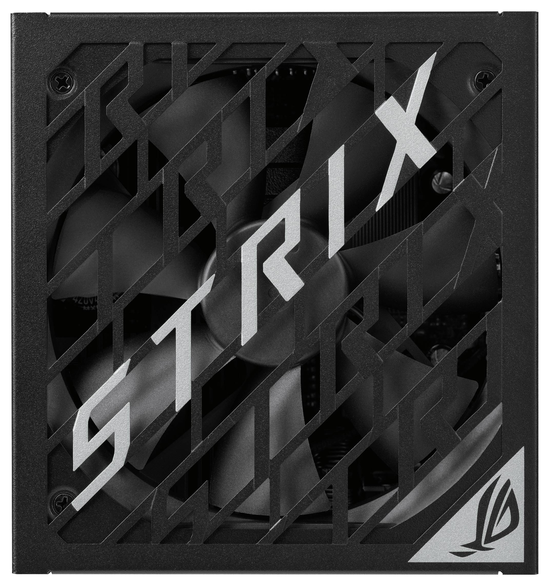 Een zwarte pc-voeding met een grote ventilator. Het opschrift 'STRIX' is diagonaal over de behuizing gedrukt.
