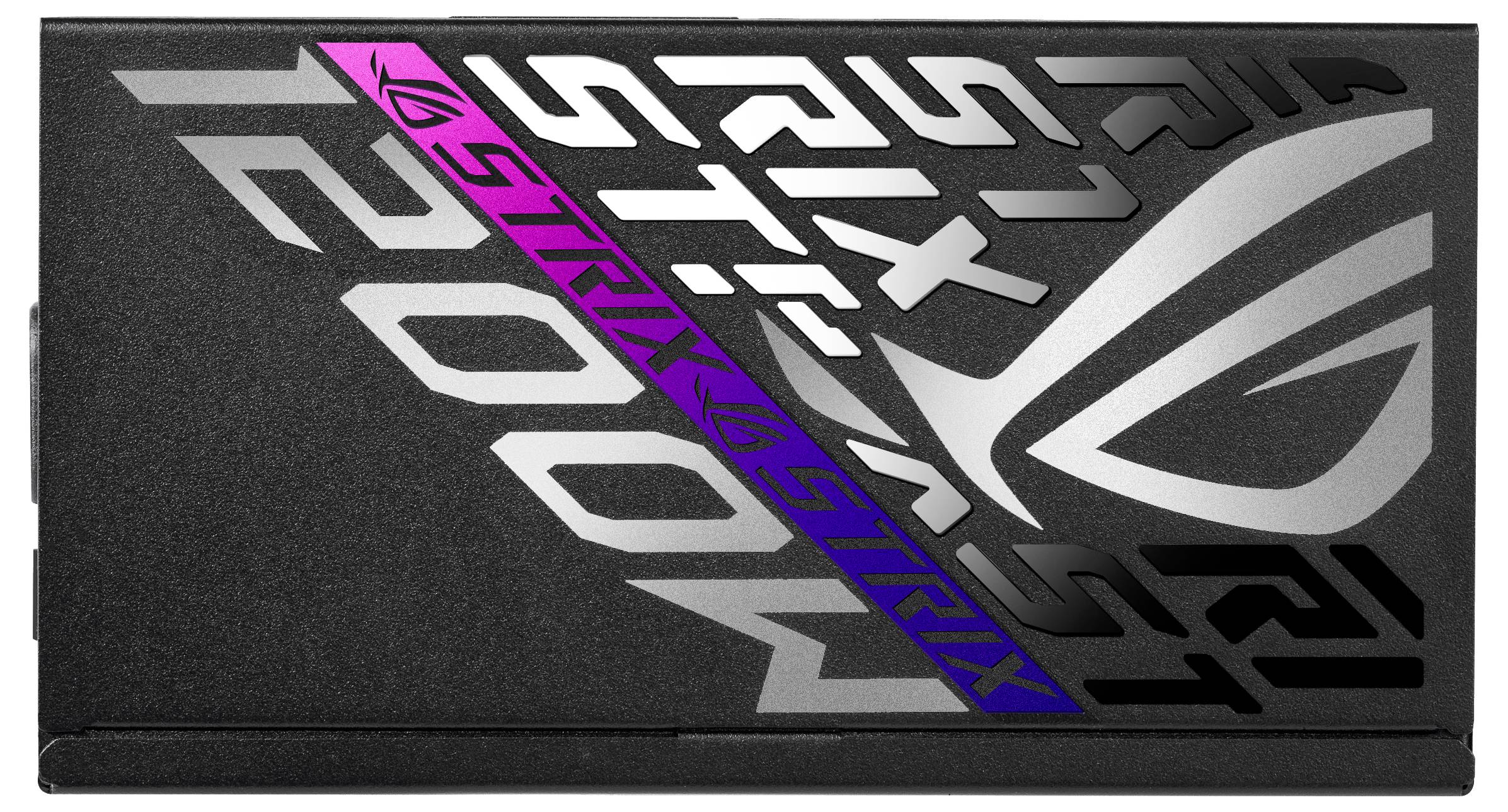 Videokaart met opschrift 'ROG STRIX 1200W', zilver- en paarse accenten, modern design, ASUS-logo prominent gepositioneerd.