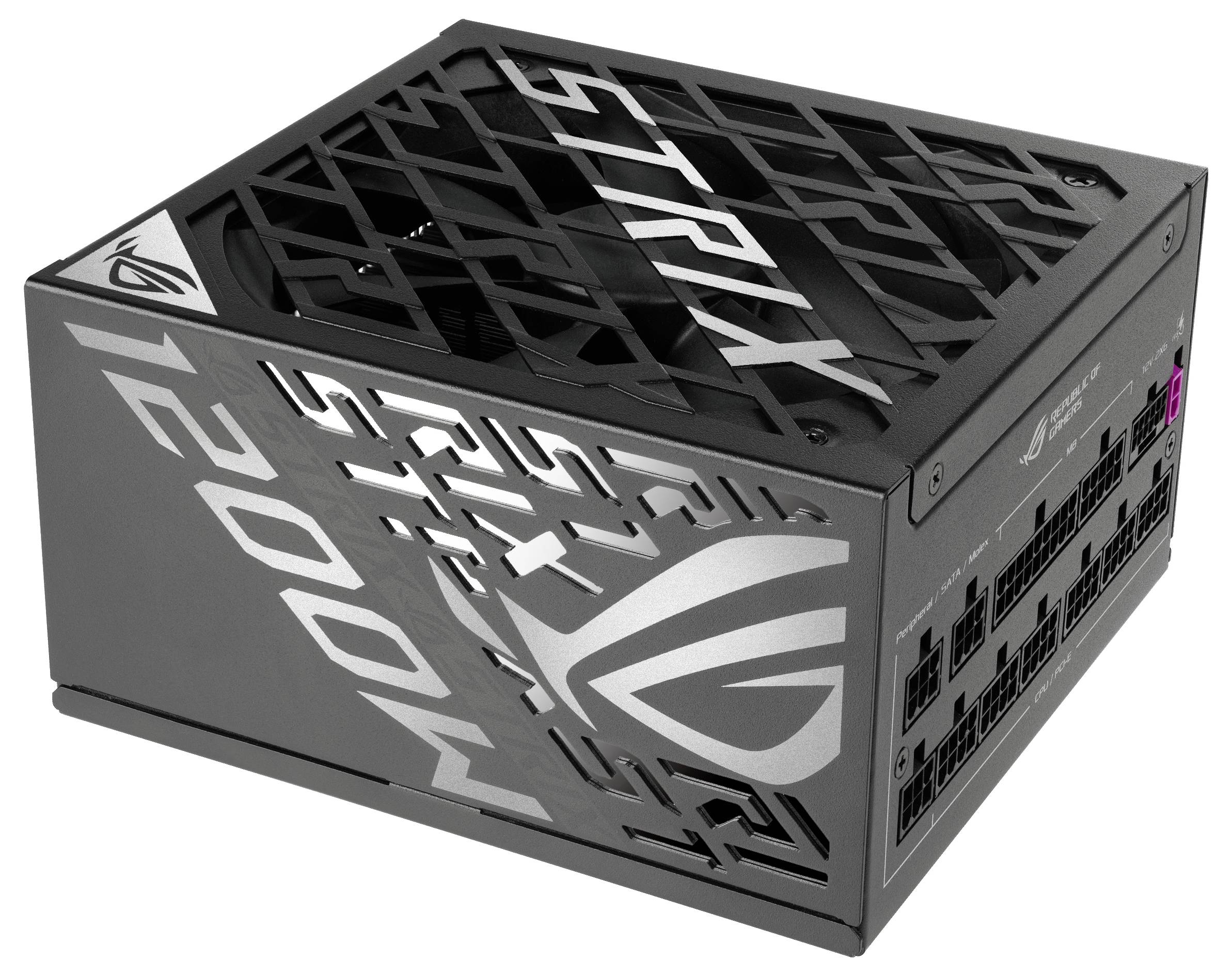 Zwart pc-voedingsapparaat met rasterontwerp, merk 'ROG Strix', vermogen 1200W. Aangesloten kabelaansluitingen aan de rechterkant zichtbaar.