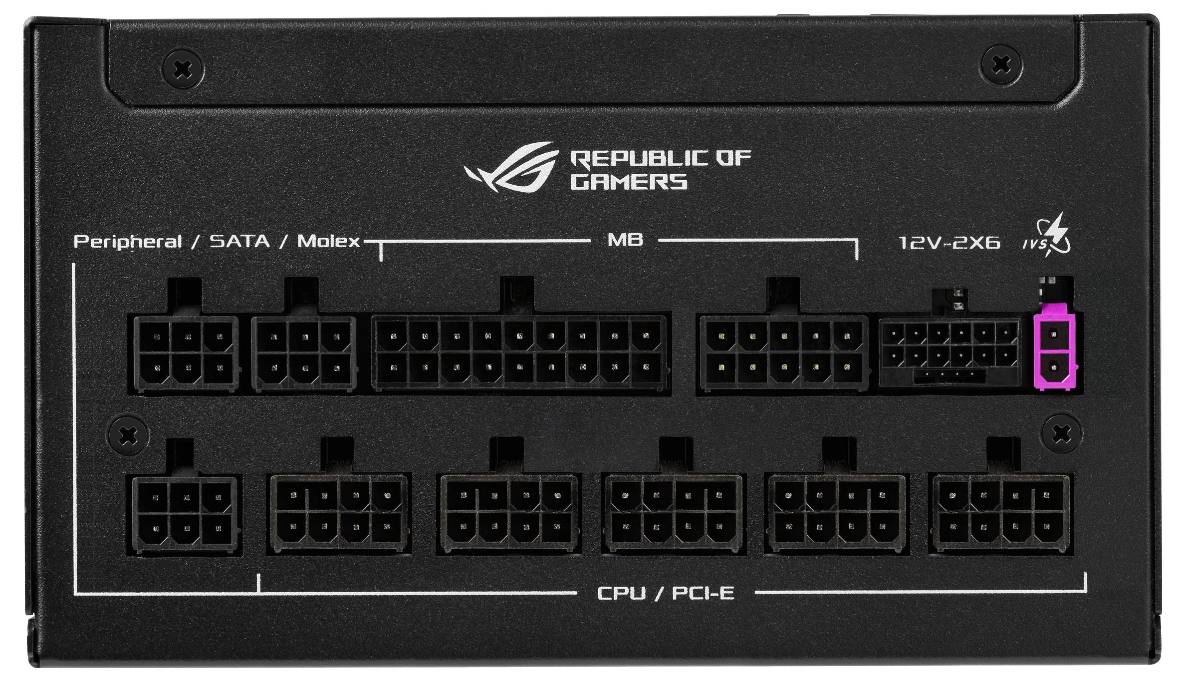 Achterkant van een gaming-pc-voeding met meerdere aansluitingen voor randapparatuur, SATA, Molex, moederbord, CPU en PCI-E connectoren.