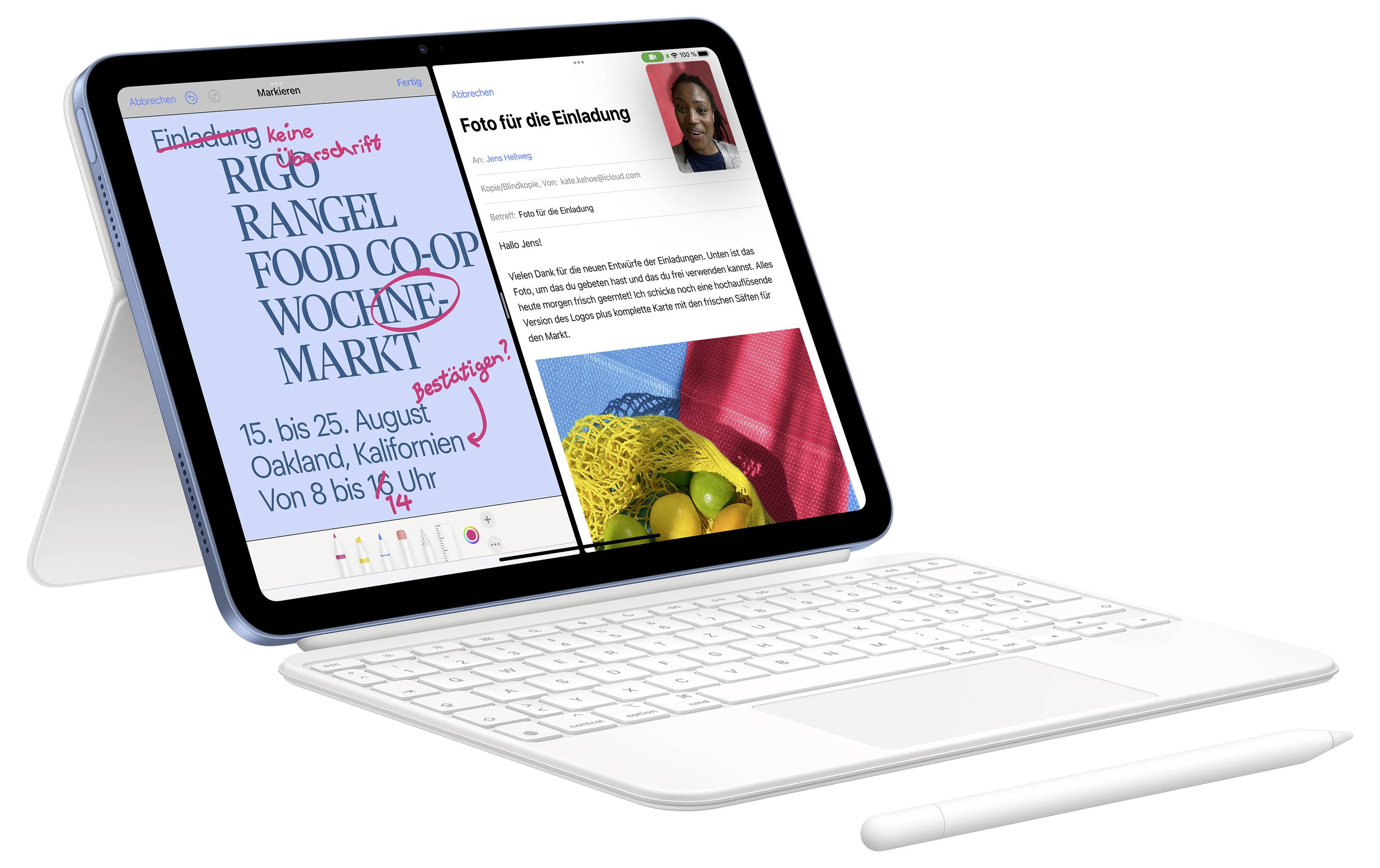 Een tablet met toetsenbord toont twee geopende apps in split-screen modus: een notitie-app met handgeschreven tekst en een foto-app.