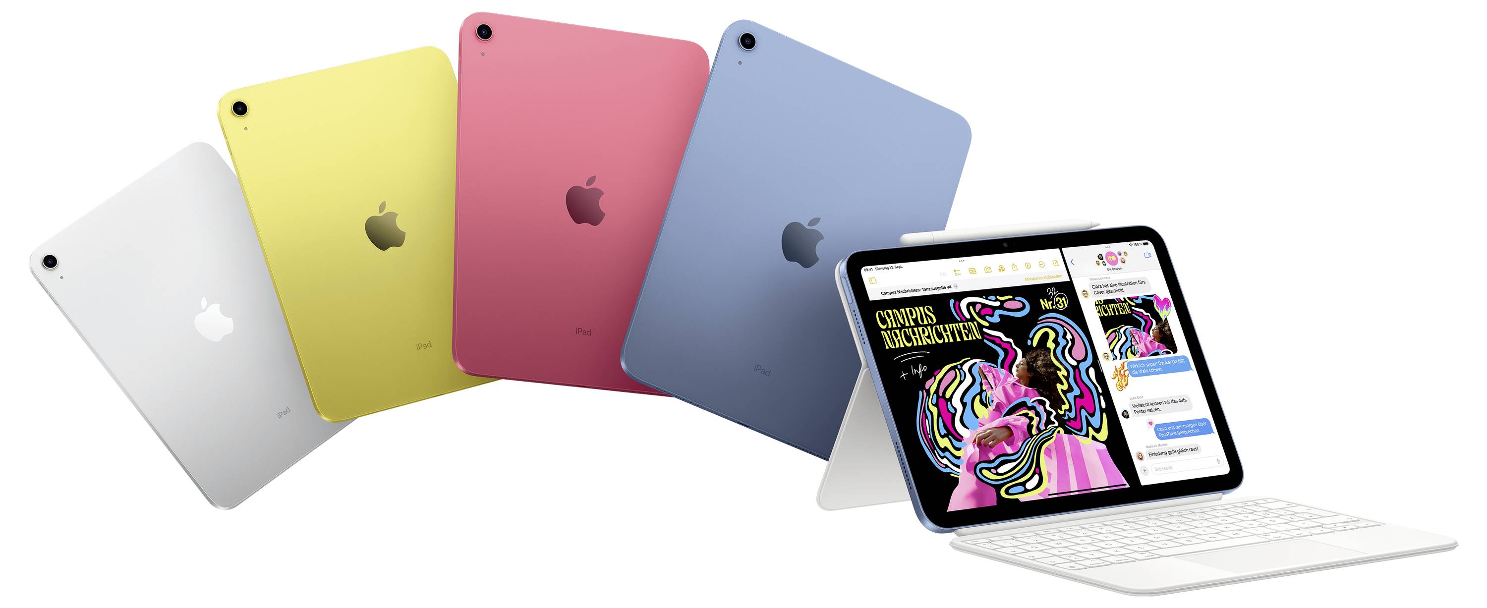Vijf iPads in verschillende kleuren (zilver, geel, roze, blauw, grijs) achter een witte iPad met toetsenbord, thuisscherm zichtbaar.