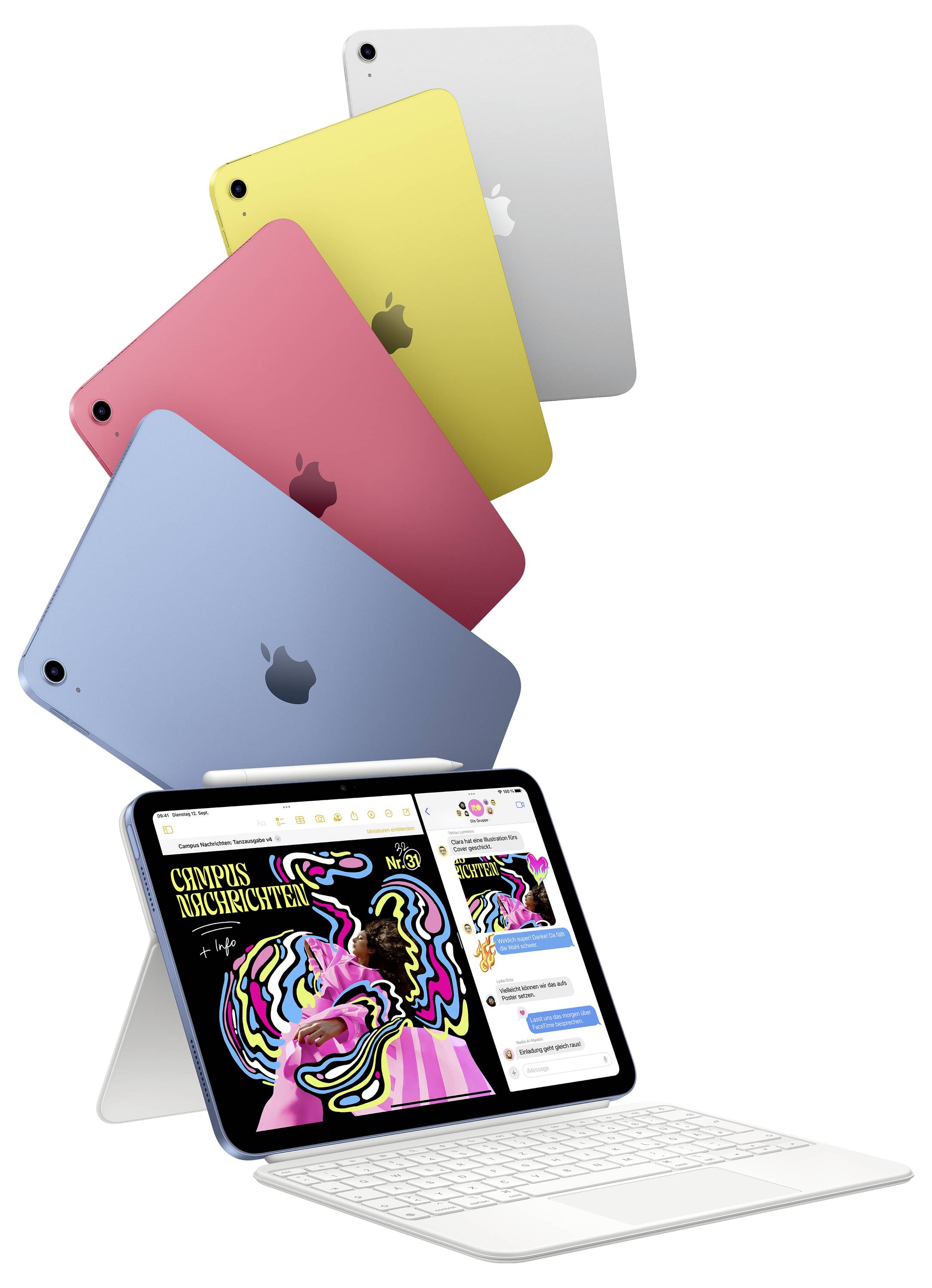 Vijf iPads in verschillende kleuren zweven boven elkaar. Een iPad toont kleurrijke artwork en berichten op het scherm.