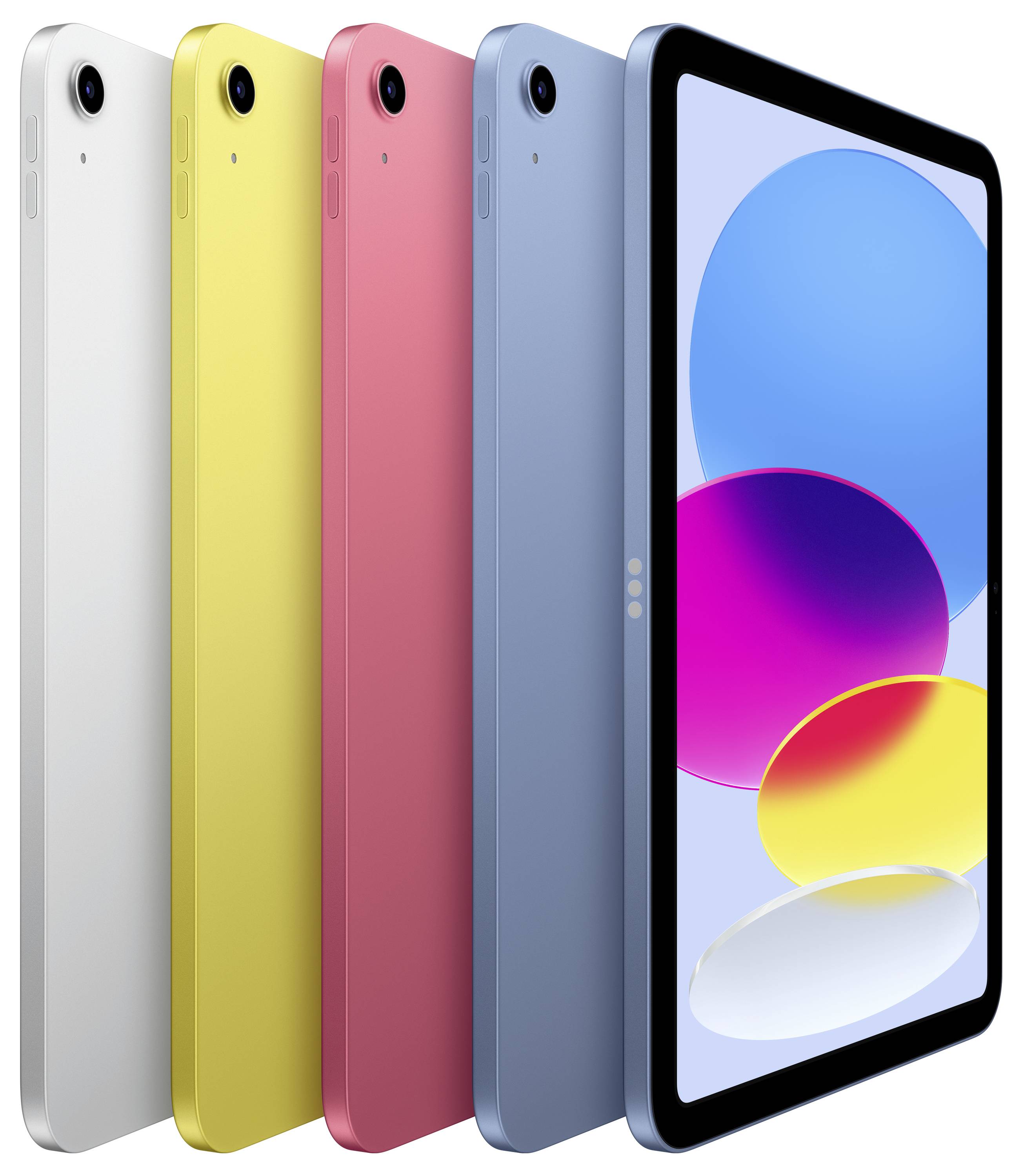 Vijf tablets in verschillende kleuren (wit, geel, rood, blauw) staan naast elkaar. De tablet aan de rechterkant heeft een kleurrijk display.