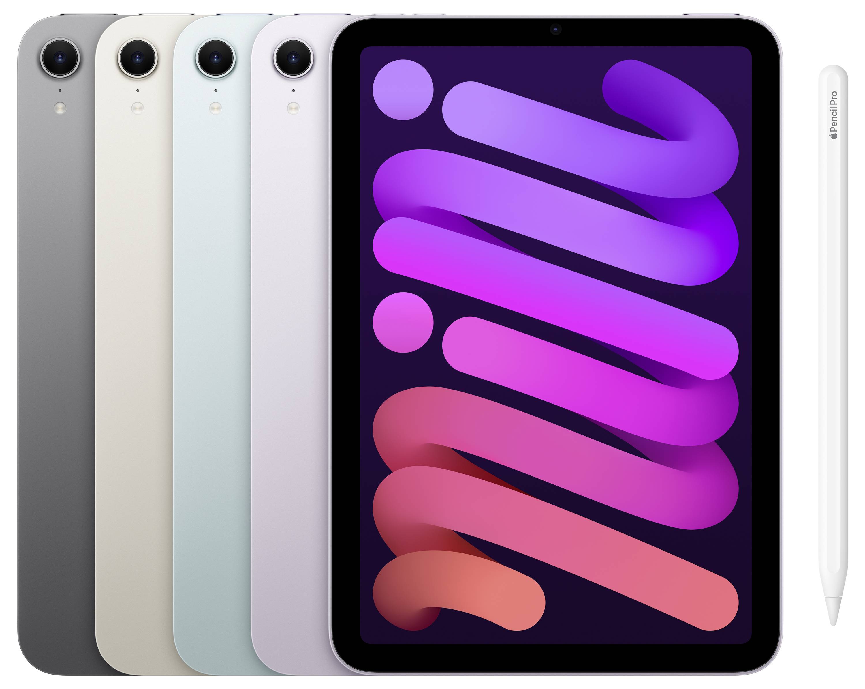 Vijf tablets in verschillende kleuren en een tablet met een display waarop 'mini' staat, naast een digitale stylus.