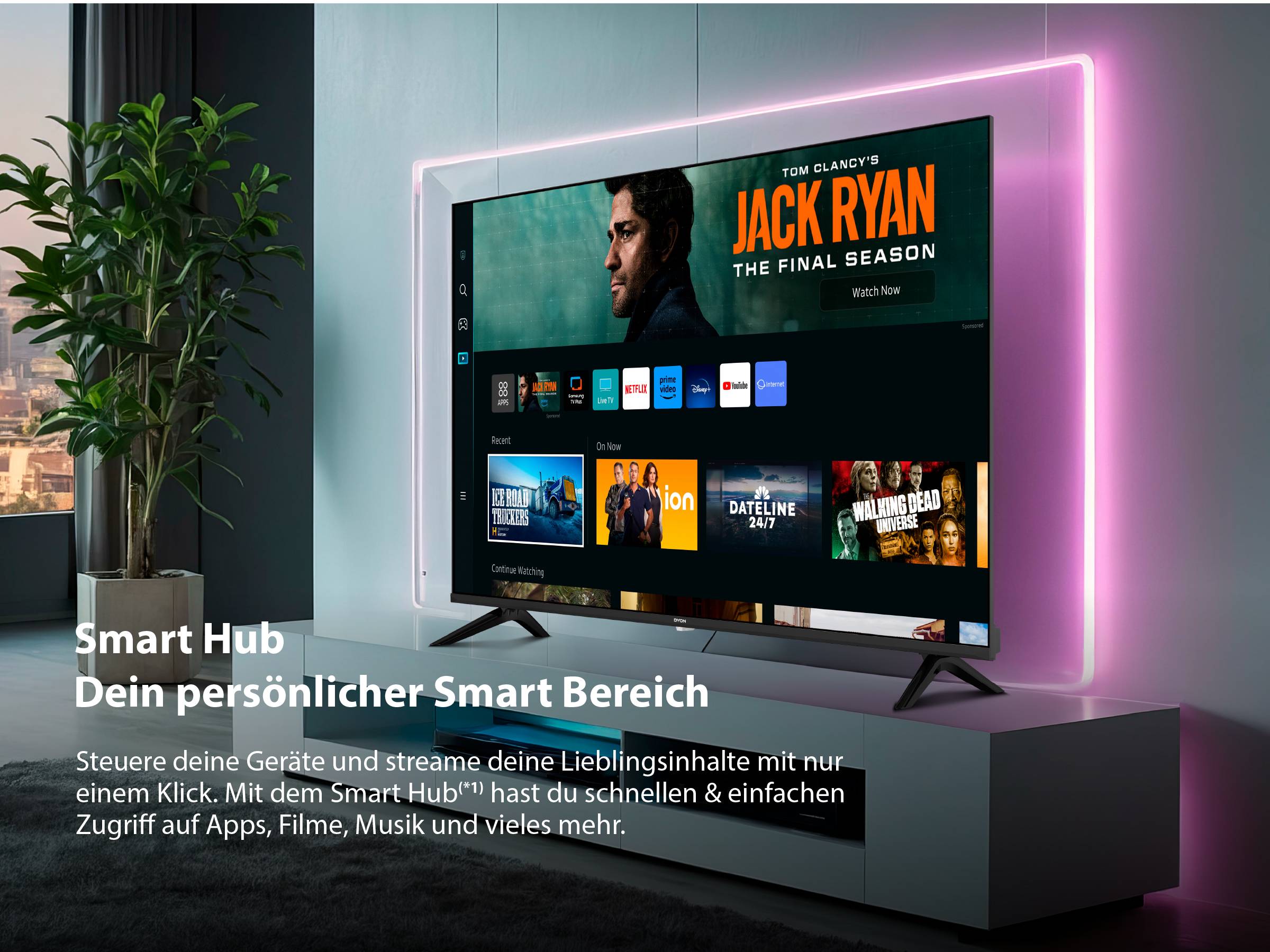 Slimme tv op een tafel, omringd door planten. Het scherm toont streamingdiensten en 'Jack Ryan'. Tekst beschrijft de functies van de Smart Hub.