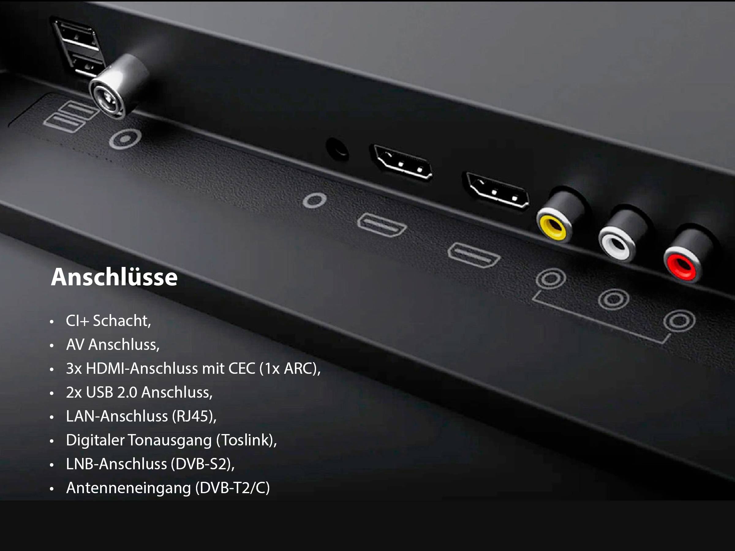 Aansluitingen op de achterzijde van het apparaat: CI+-sleuf, AV, 3 HDMI, 2 USB, LAN (RJ45), Toslink, LNB-Digitaal, antenne-ingang (DVB-T2/C).