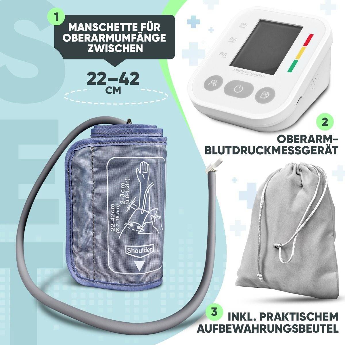 'Bloeddrukmeter met manchet voor bovenarmomtrek 22-42 cm, bovenarm-bloeddrukmeter, incl. praktische opbergtas.'