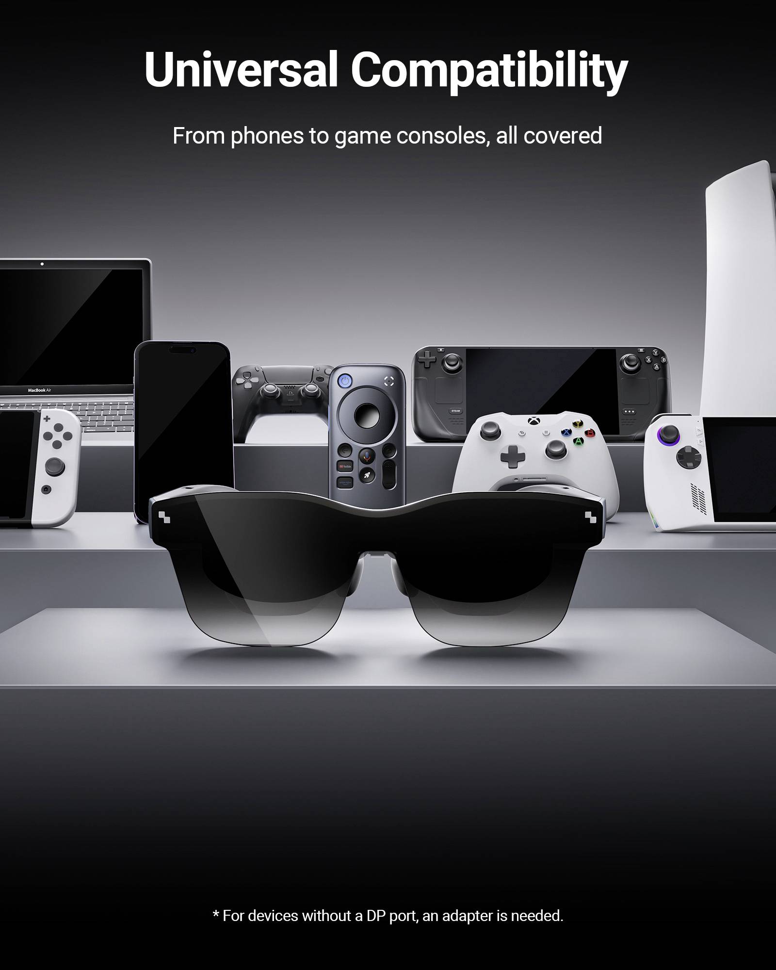 Bril op de voorgrond, omringd door verschillende elektronische apparaten zoals smartphones, laptops en gameconsoles. Tekst: 'Universele Compatibiliteit'.