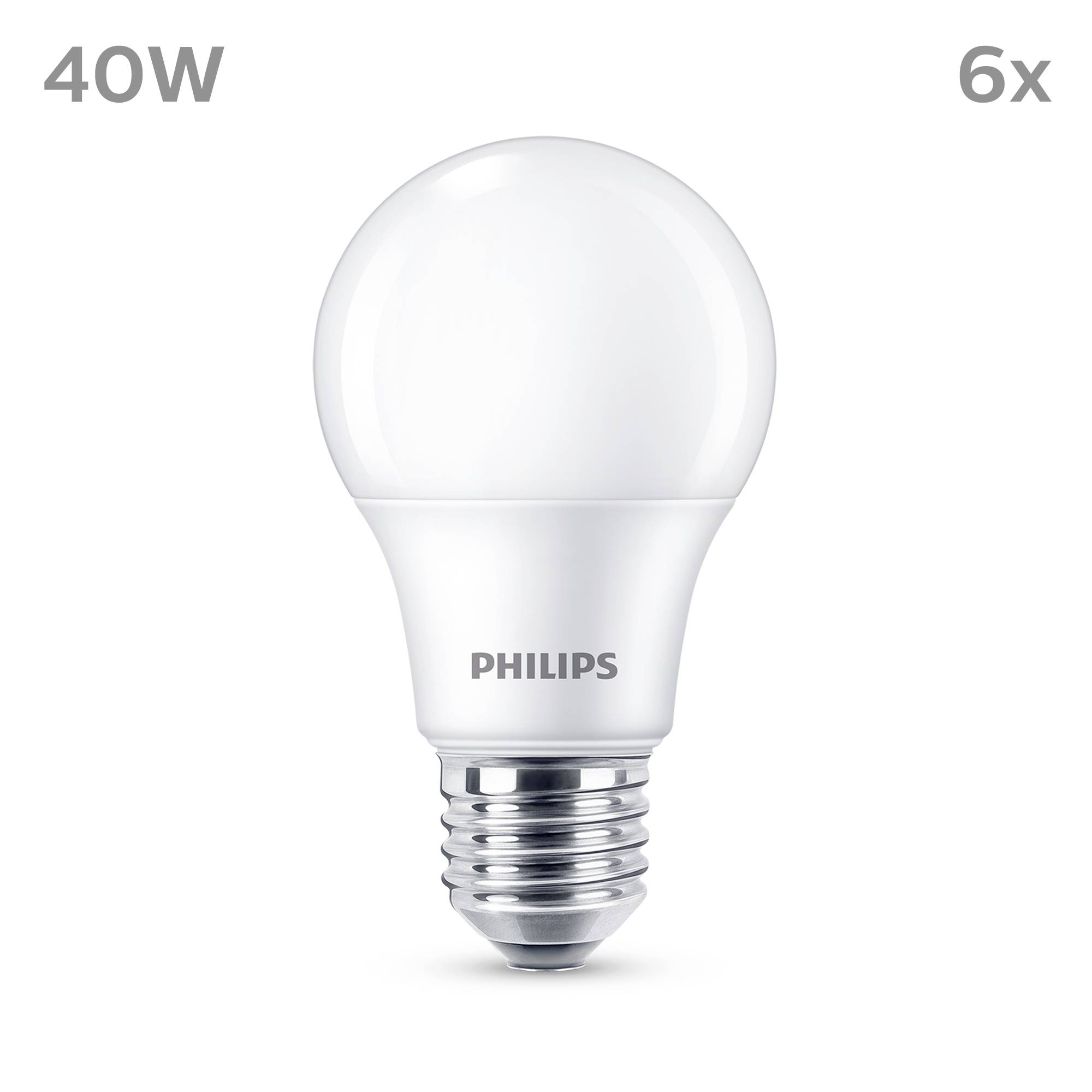 Gloeilamp met 'PHILIPS'-opschrift, 40W, weergegeven in een verpakking met het getal 6, wat wijst op zes lampen.