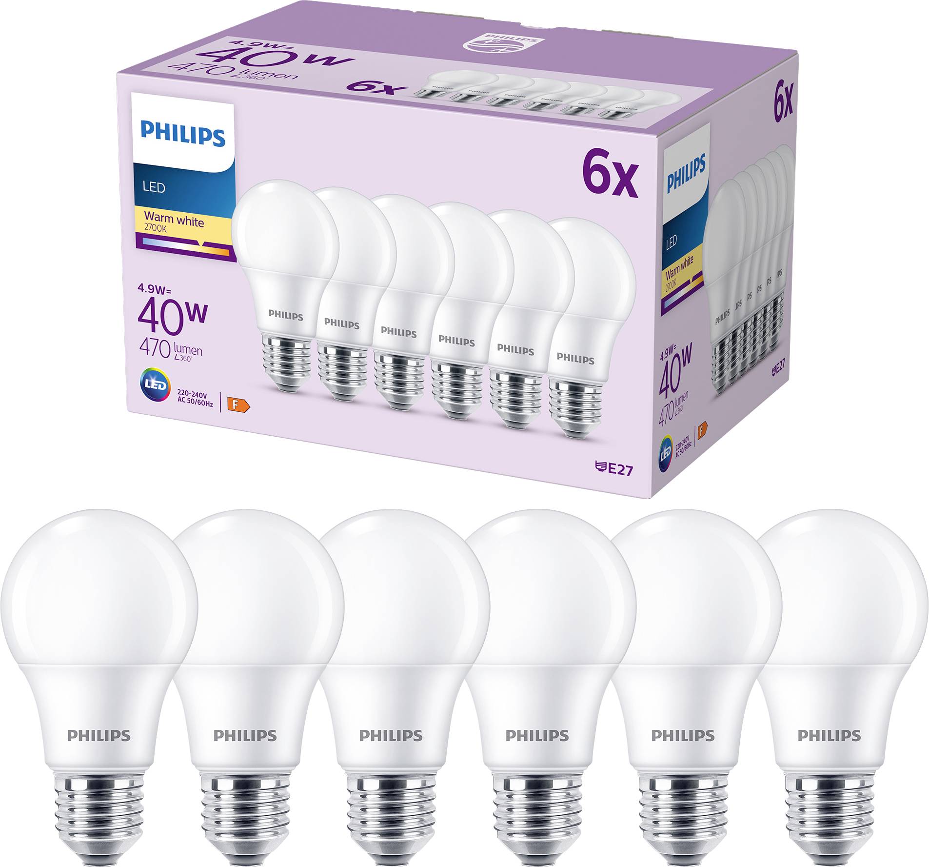 Zes Philips LED-lampen in één verpakking, 4,9W gelijk aan 40W, 470 lumen, warmwit, E27-fitting, energiezuinig.