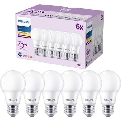 Zes Philips LED-lampen in één verpakking, 4,9W gelijk aan 40W, 470 lumen, warmwit, E27-fitting, energiezuinig.