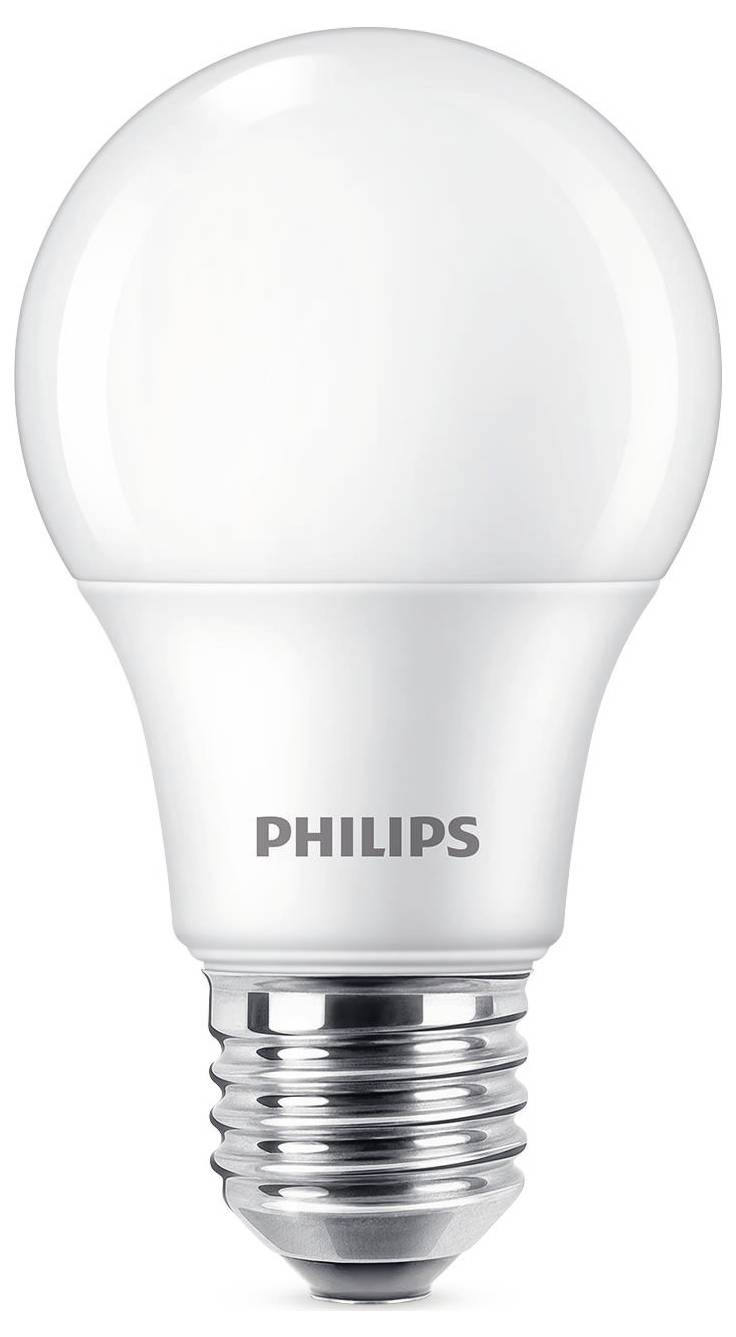 Een witte LED-lamp met het opschrift 'Philips', vertoont de klassieke gloeilampenstijl met een E27-fitting.