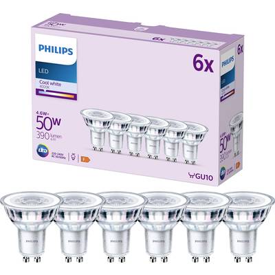 Zes Philips LED-lampen GU10, 50W, 390 Lumen, 4000K, warmwit. Verpakking en naast elkaar liggende lampen afgebeeld.