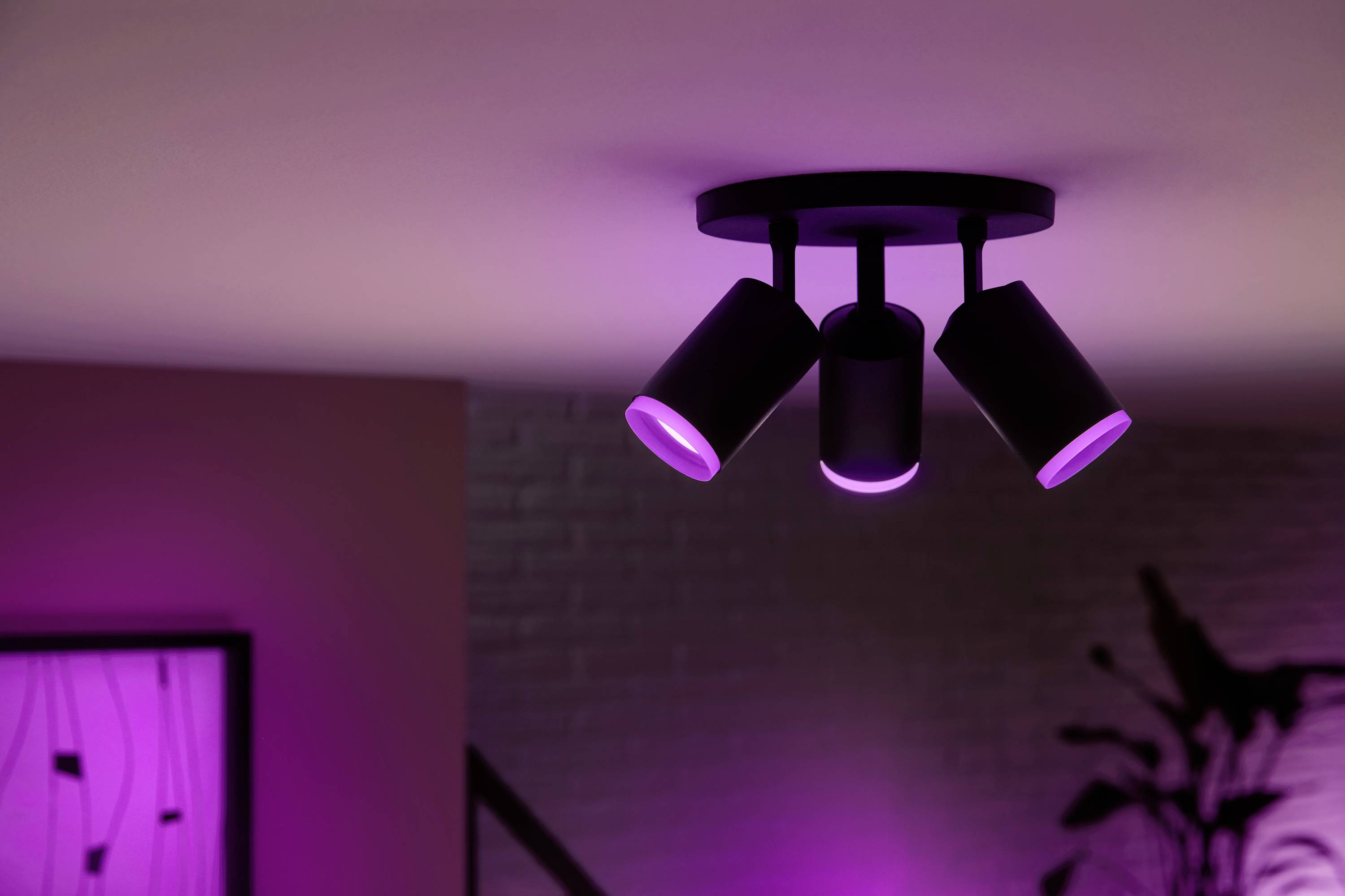 Een moderne plafondlamp met drie verstelbare spots straalt paars licht uit dat een ruimte zacht verlicht.