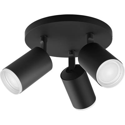 Zwarte plafondlamp met drie cilindervormige spots die in verschillende richtingen wijzen, gemonteerd op een ronde voet.