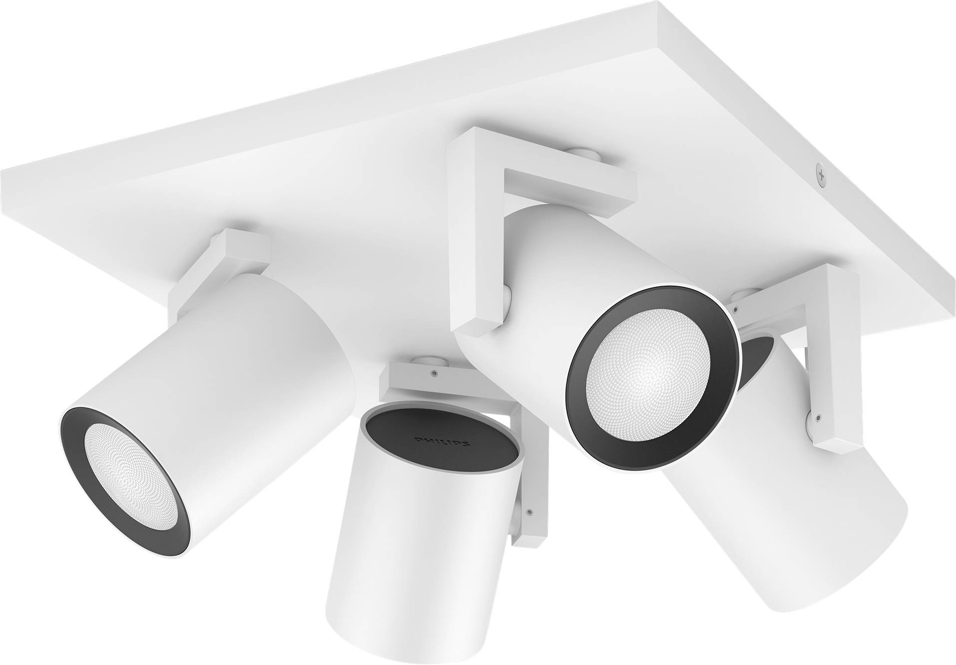 Witte plafondlamp met vier verstelbare ronde spots, die modern design en functionaliteit biedt voor leefruimtes.