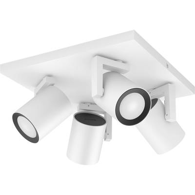Witte plafondlamp met vier verstelbare ronde spots, die modern design en functionaliteit biedt voor leefruimtes.