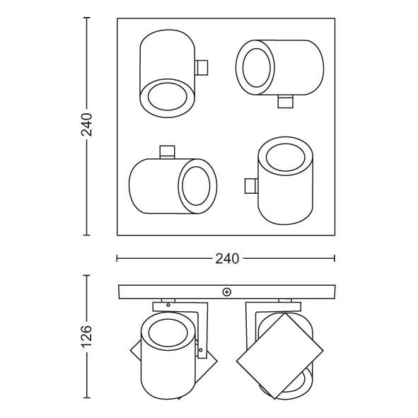 Technische tekening van een vierkante plafondspot met vier ronde lampen, afmetingen: 240x240 mm, hoogte 126 mm.