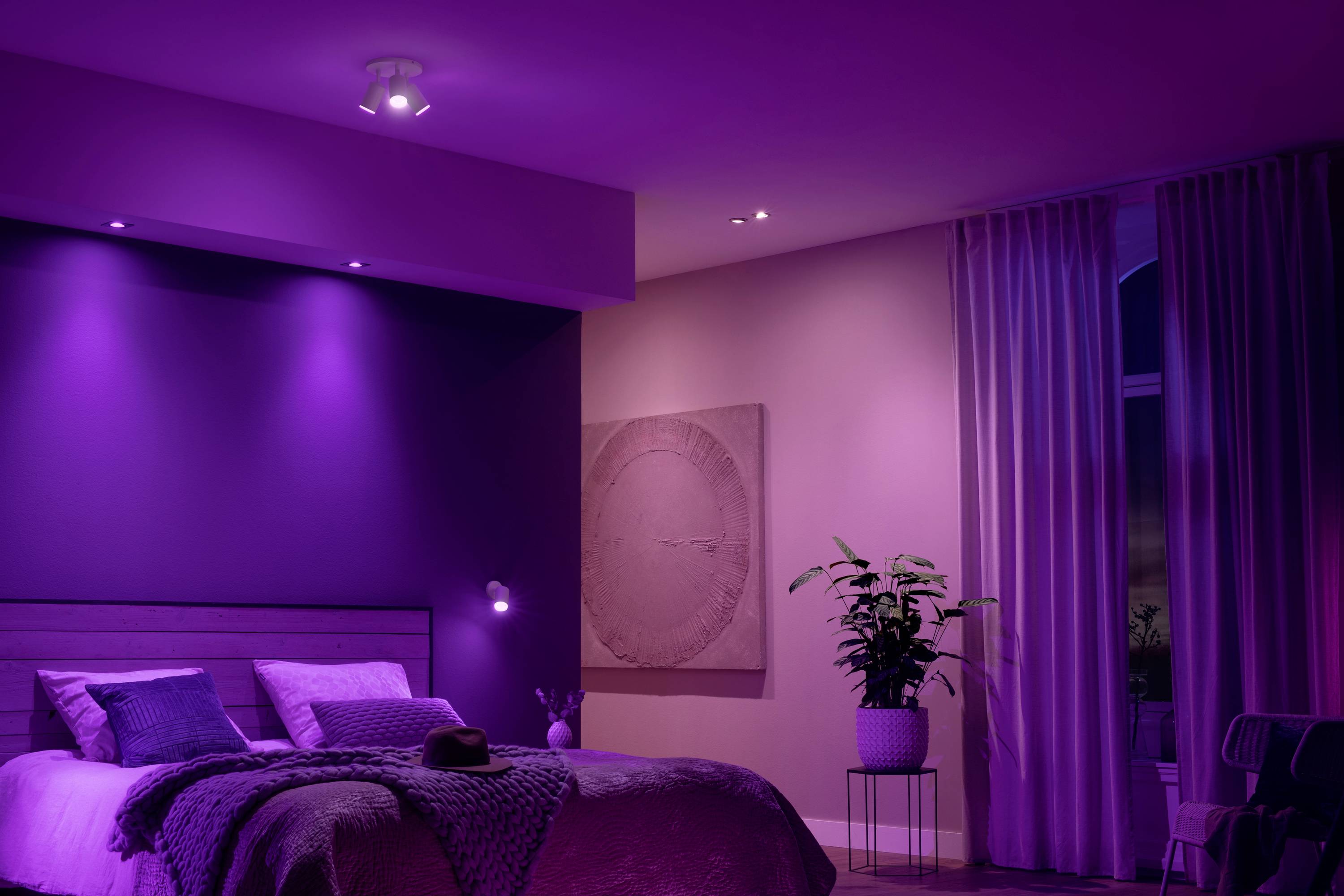 Een slaapkamer met sfeervolle paarse verlichting toont een bed met kussens en dekens, een schilderij aan de muur en een plant.