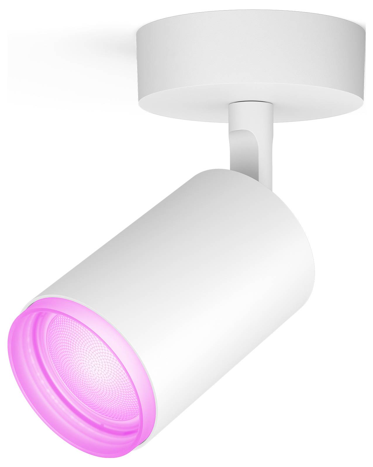 Een witte plafondlamp met een cilindrisch ontwerp en een stralend roze licht dat naar beneden schijnt.