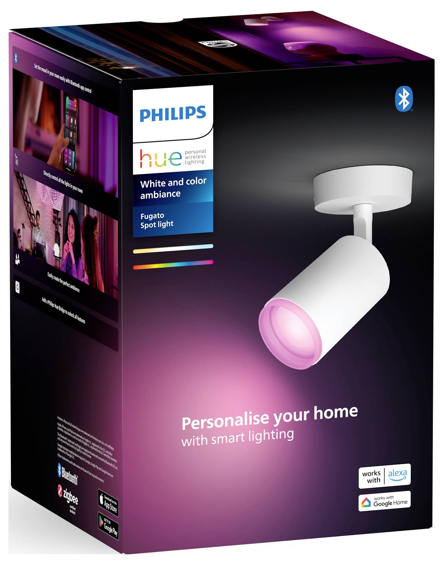 'Philips Hue Fugato White and Color Ambiance' Spotlicht-Verpakking. Tekst: 'Personaliseer uw thuis met slimme verlichting.'