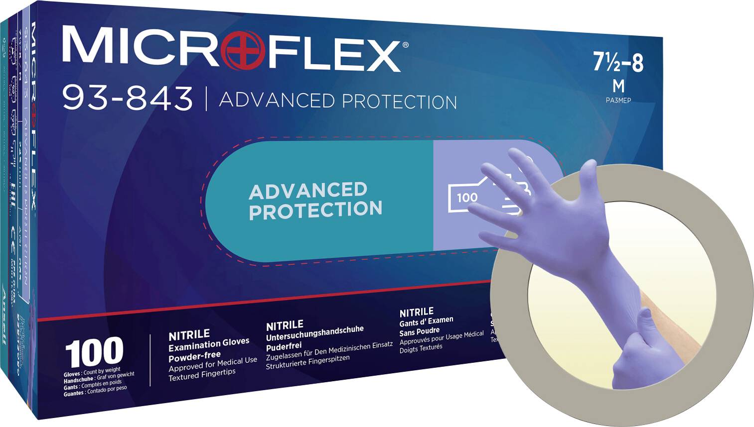 'Microflex 93-843' Nitril handschoenen, poedervrij, getest, Maat: M, 100 stuks, in blauwe verpakking. Hoofdafbeelding toont blauwe handschoen.