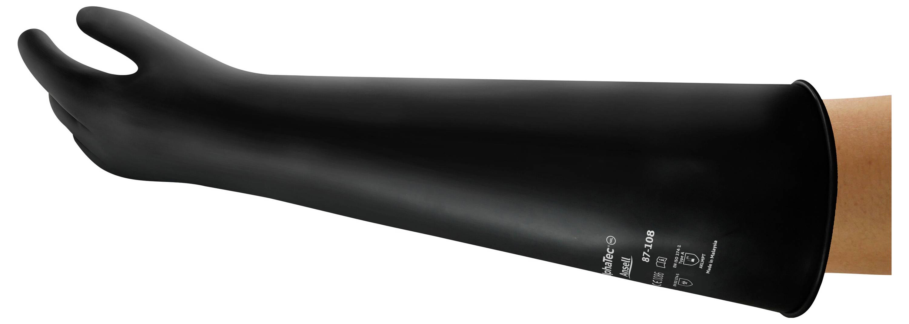 Lange zwarte beschermende handschoen die de arm bedekt tot net boven de elleboog; vervaardigd uit een rubberachtig materiaal voor chemische veiligheid.