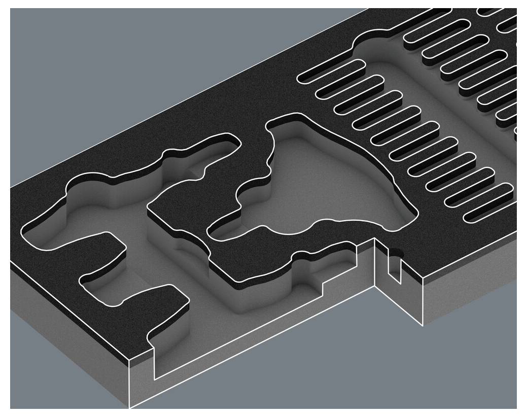 Een gelaagd model van een kunststof onderdeel dat het fabricageproces weergeeft, met de nadruk op verschillende hoogtes en niveaus.