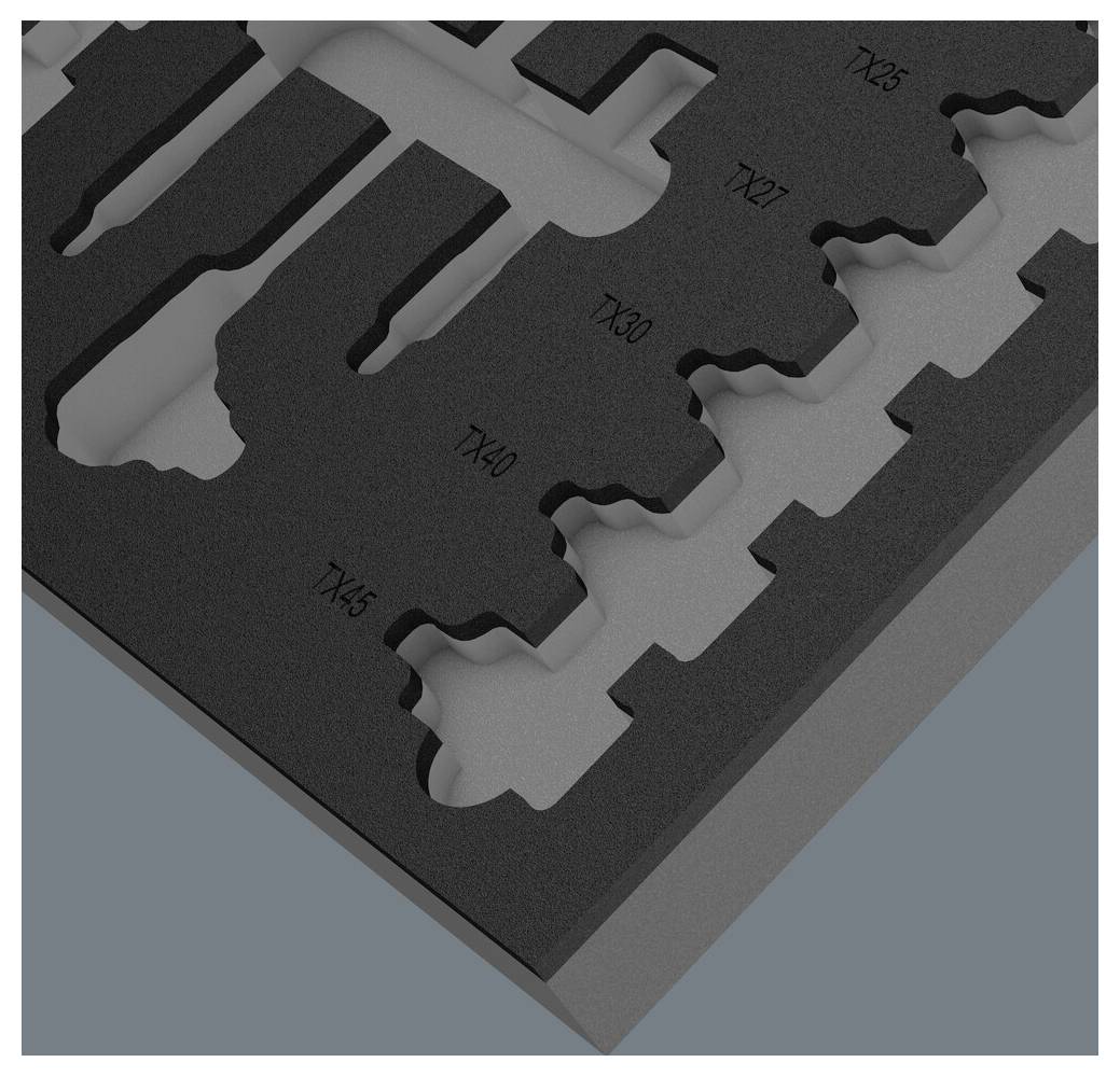 Een schuimrubber inzetstuk met meerdere uitsparingen in verschillende vormen en maten, genummerd van 7x30 tot 7x45, op een grijze achtergrond.