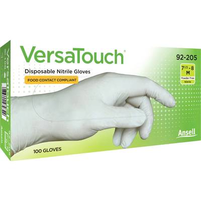 'Packaging of VersaTouch Disposable Nitrile Gloves, Size M, Powder-Free, Food-Safe, Contains 100 Gloves.'