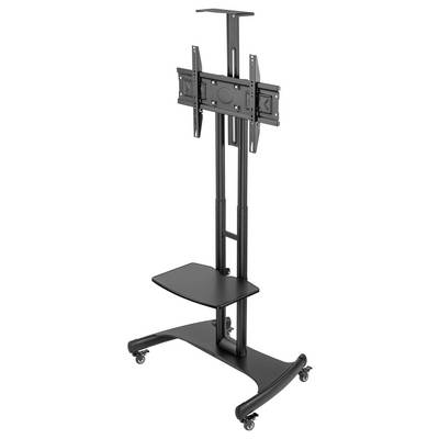 Een zwarte tv-trolley met wielen, hoogteverstelbare beugel en legplank voor mobiele presentaties of vergaderingen.