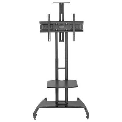 Een zwarte tv-standaard op wielen, met verstelbare houder voor beeldschermen en een plank voor accessoires.