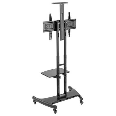 Verrijdbare tv-standaard van metaal met verstelbare steunen en een plateau voor presentaties of vergaderingen.