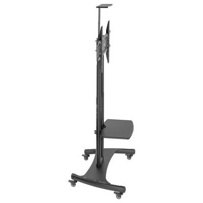 Een zwarte, verrijdbare tv-standaard met beugel en plank. Ideaal voor flexibele presentaties of displays in kantoren of vergaderzalen.