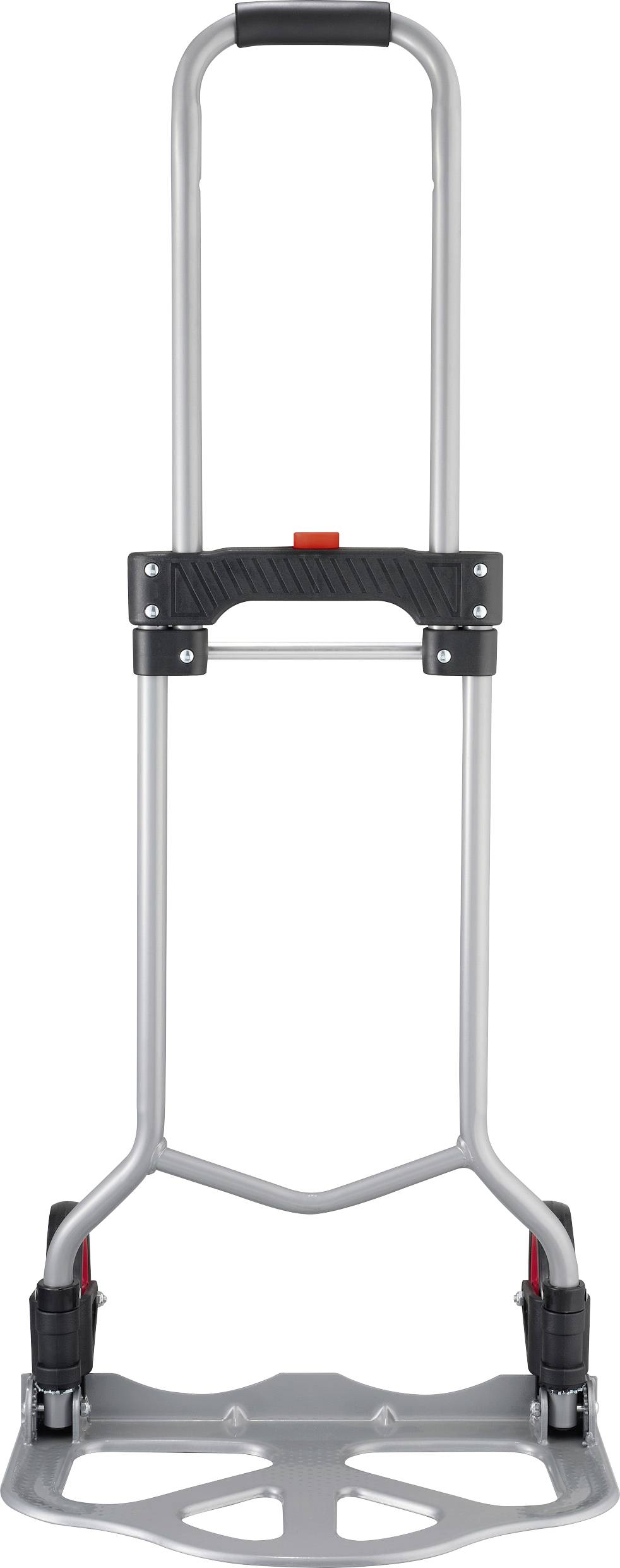 Opvouwbare transportkar met zilverkleurig frame en zwarte handgreep. Ideaal voor het vervoeren van zware voorwerpen.